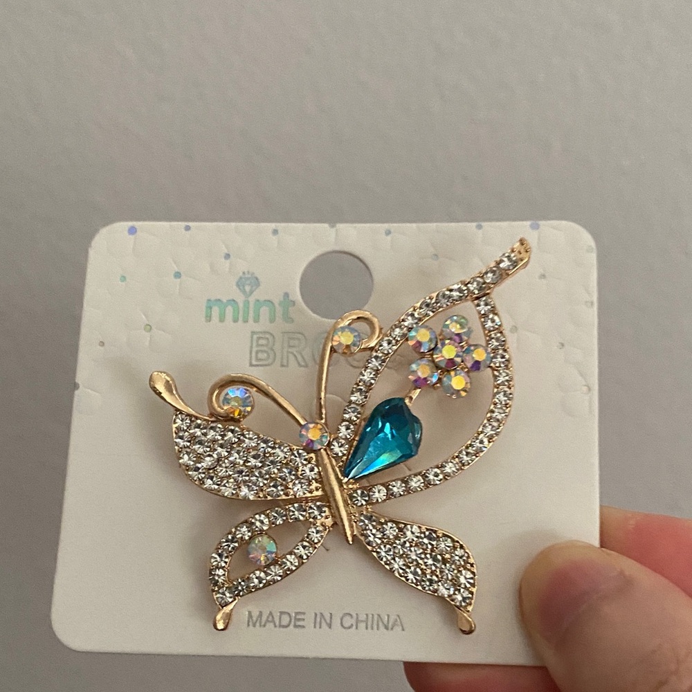 Mint Gold Butterfly Brooch with Teal and Clear Crystals